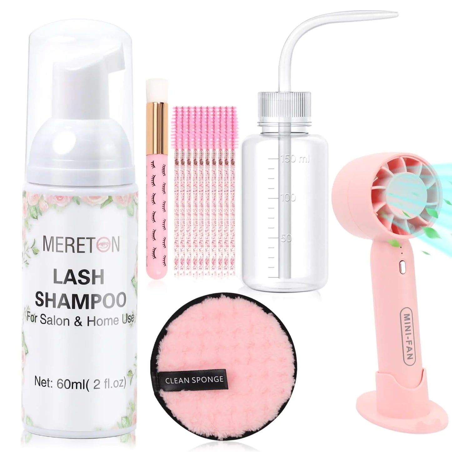 MERETON Lash Shampoo Kit 60 ml Lash Shampoo for Lash Extensions Lash Extension Cleanser 6 in 1 Eye Lash Cleansing Foam for Lash Clusters with Lash Wash Lash Fan Makeup Pad Rinse Bottle Lash Brush