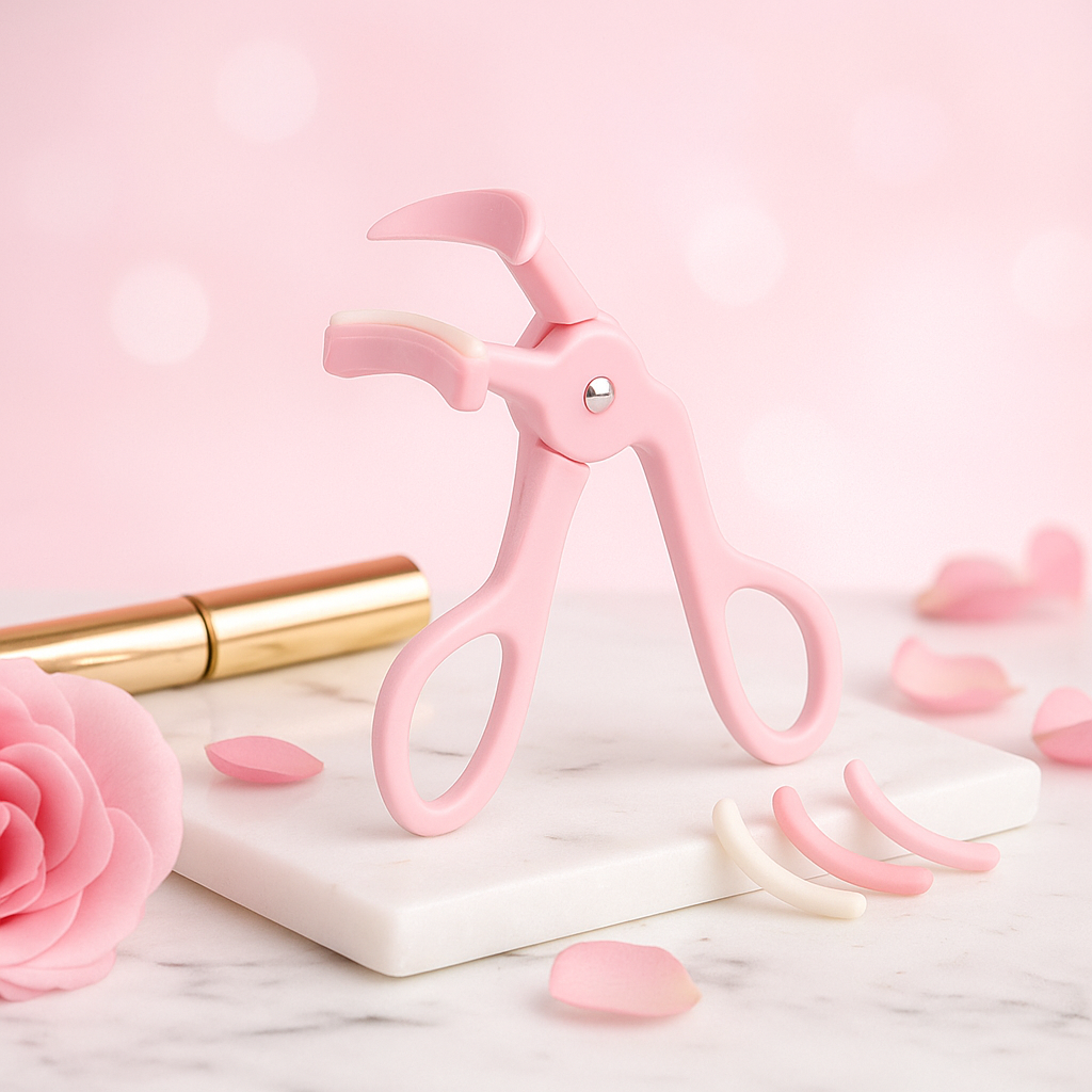 Soft Pink No-Pinch Silicone Eyelash Curler – Lash-Lift Tool with 2 Refill Pads