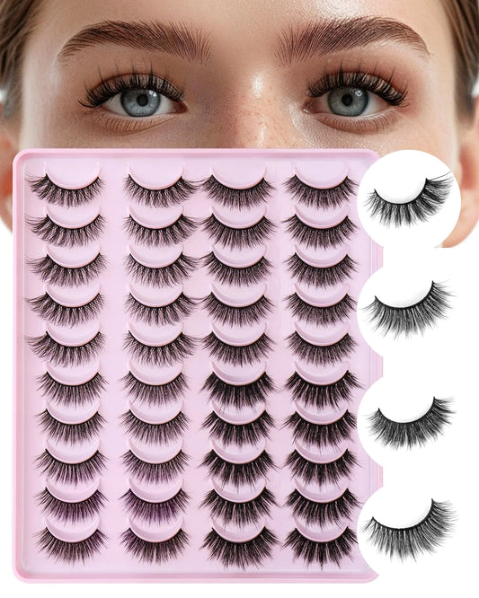 CALAILIS False Eyelashes Natural Look Fake Lashes 20 Pairs Wispy Fluffy False Lashes Faux Mink Fake Eyelashes Cat Eye Lashes Soft and Reusable Strip Lashes (CV06)