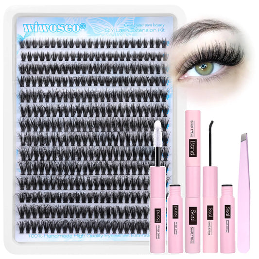 wiwoseo Fluffy Lash Clusters Kit 40D Fluffy Lash Extension Kit with Lash Bond and Seal Eyelash Clusters Eyelash Extensions Kit Wispy Lash Clusters DIY Lash Extension Kit for Beginners (336pcs 8-16MM)