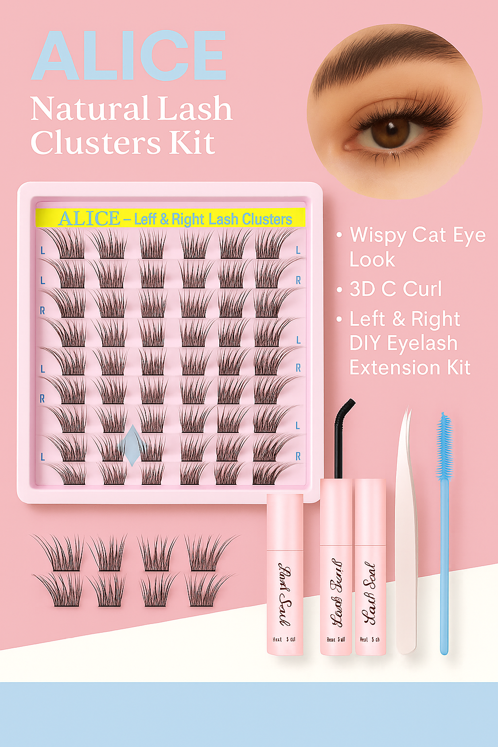 ALICE Natural Lash Clusters Kit Wispy Cat Eye Lash Extension Kit 3D C Curl Eyelash Clusters Kit Left & Right DIY Eyelash Extension kit with Individual Lashes Bond and seal Lash Applicator
