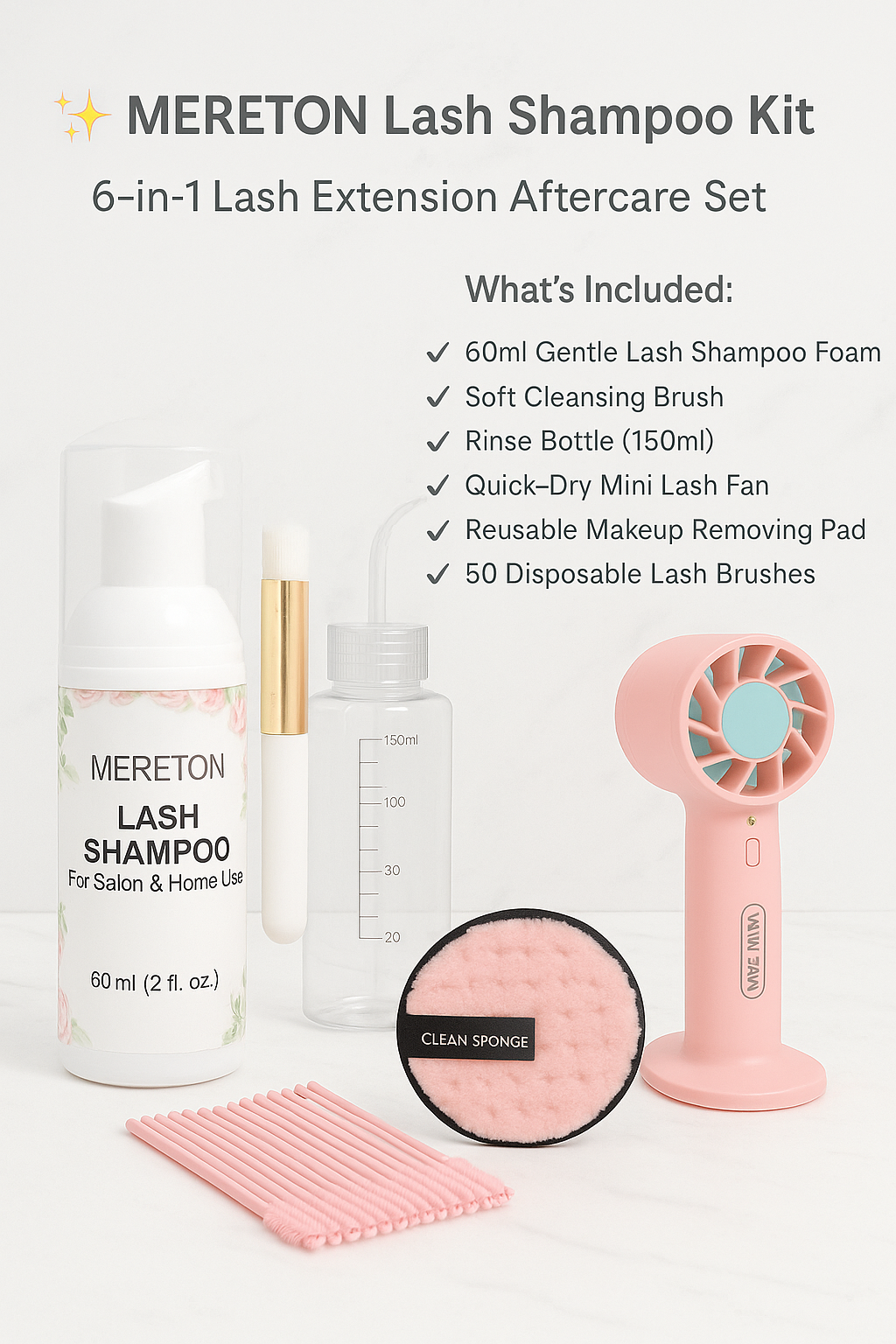 MERETON Lash Shampoo Kit 60 ml Lash Shampoo for Lash Extensions Lash Extension Cleanser 6 in 1 Eye Lash Cleansing Foam for Lash Clusters with Lash Wash Lash Fan Makeup Pad Rinse Bottle Lash Brush