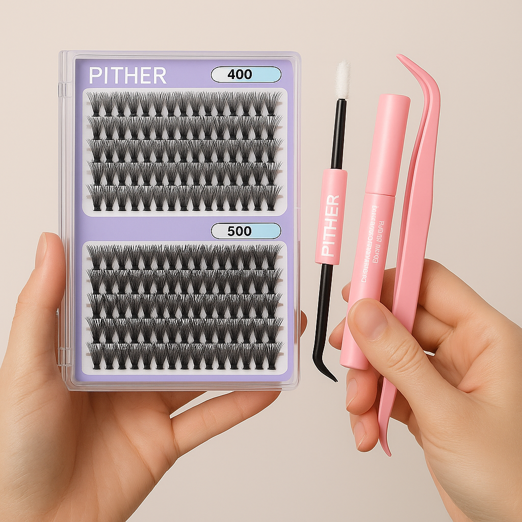 Eyelash Extension Kit PITHER 280pcs Lash Clusters Kit 10-16mm D Curl Individual Lashes with Lash Bond and Seal and Lash Tweezers (0.07mm 40D +50D)