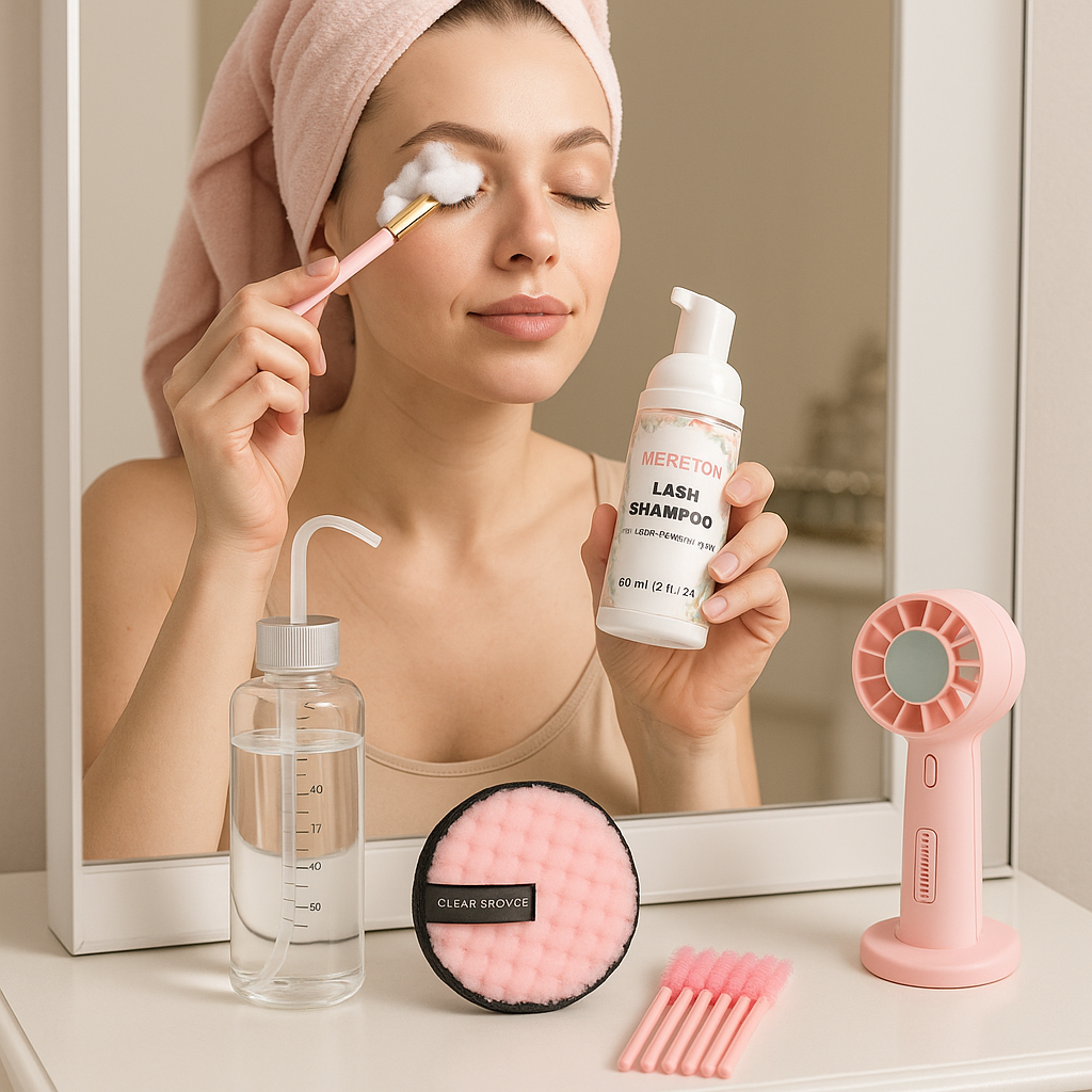 MERETON Lash Shampoo Kit 60 ml Lash Shampoo for Lash Extensions Lash Extension Cleanser 6 in 1 Eye Lash Cleansing Foam for Lash Clusters with Lash Wash Lash Fan Makeup Pad Rinse Bottle Lash Brush