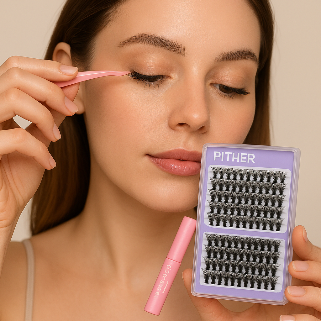 Eyelash Extension Kit PITHER 280pcs Lash Clusters Kit 10-16mm D Curl Individual Lashes with Lash Bond and Seal and Lash Tweezers (0.07mm 40D +50D)