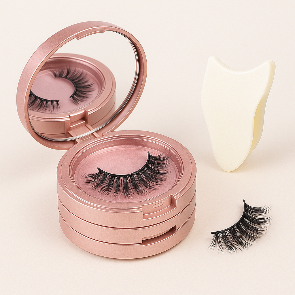 Rose Gold 3-Layer Eyelash Storage Case with Mirror & Lash Applicator – Travel-Friendly Holder