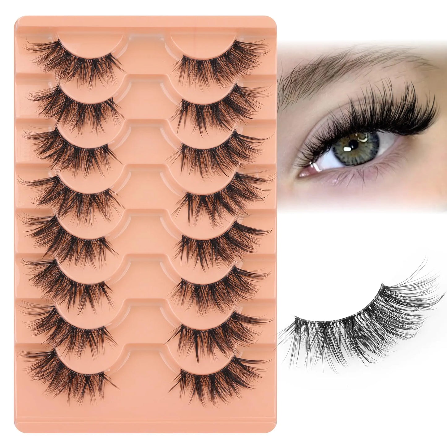Zegaine Half Lashes Natural Look Cat Eye False Eyelashes Clear Band 3D Half Eyelashes Fluffy Lashes Strips 3/4 Corner Lashes Wispy Fake Eyelash Extension 8 Pairs Pack