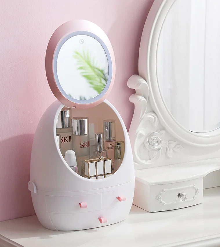 Desktop Makeup Box with LED Mirror and Skincare Holder